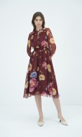 SIXDO G-Wine Floral Voile Flared Dress for Women
